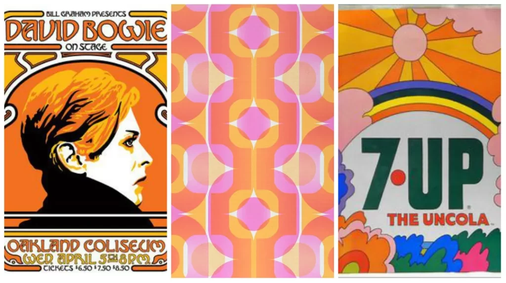 A collage of three images showcasing 1970s graphic design trends. The first image features a David Bowie concert poster with a silhouette of his profile against an orange background. The middle image displays a geometric pattern with overlapping circles in pastel shades. The third image is a 7-Up advertisement with vibrant colors and psychedelic patterns.