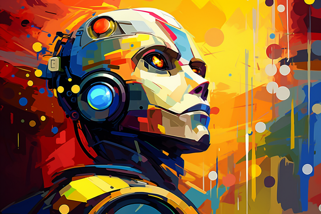A colorful digital artwork of a humanoid robot’s head in profile view. The robot has a sleek design with visible segments and joints, resembling a human face. The background is an abstract blend of vibrant colors with splashes and streaks, suggesting motion or energy