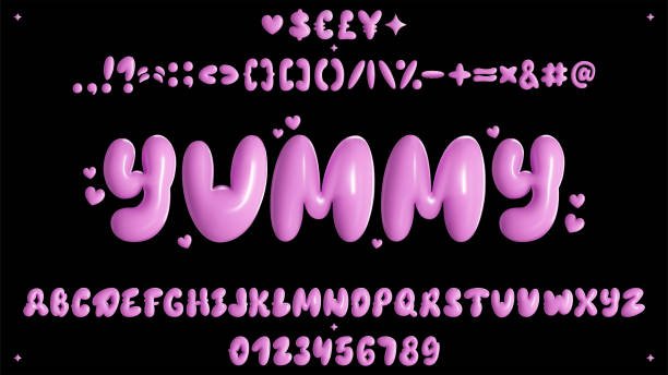 A collection of 3D bubble-style text and characters against a dark background. The centerpiece is the word “YUMMY” in large, glossy, pink bubble letters.
