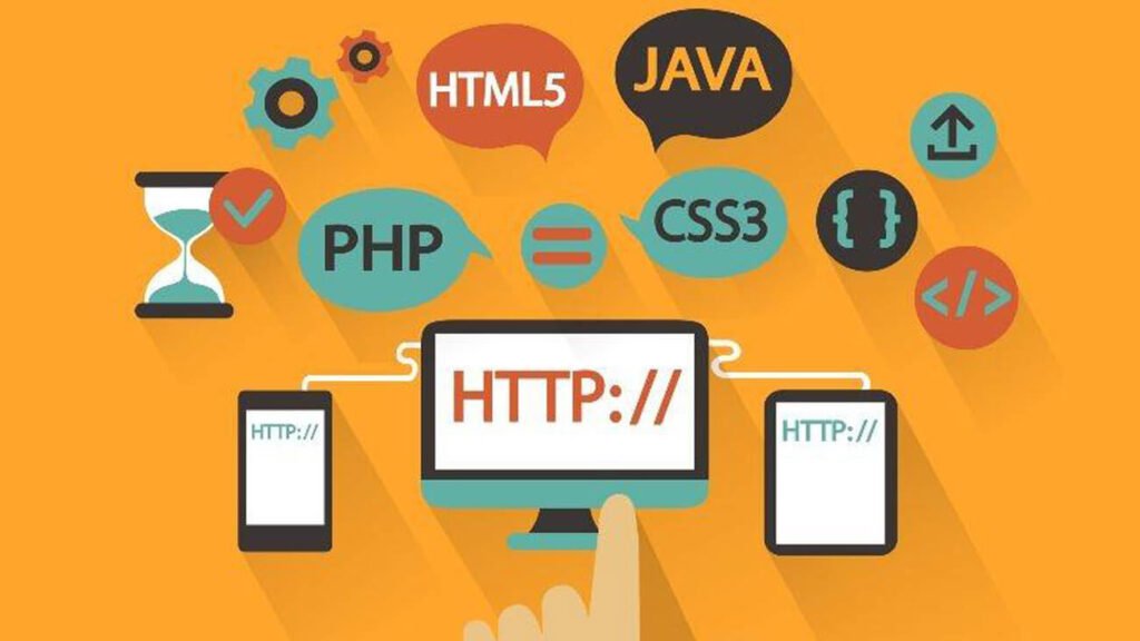 various web development tools and technologies, including HTML5, Java, PHP, CSS3, and icons representing HTTP and databases, arranged in a dynamic and visually appealing layout on an orange background.
