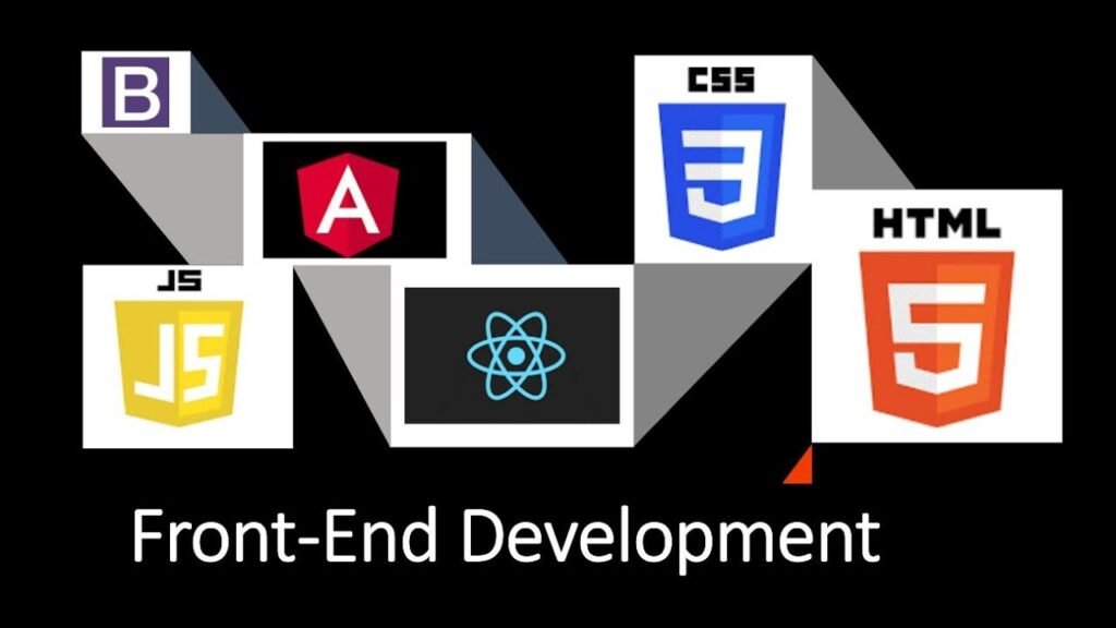 A graphical representation of front-end web development technologies. The image features six logos: Bootstrap, AngularJS, CSS3, HTML5, React, and JavaScript, arranged around the central text “Front-End Development” on a black background.