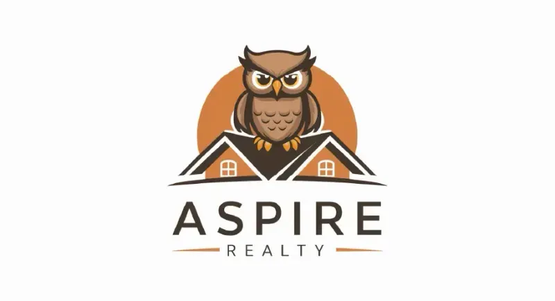 Logo of Aspire Realty featuring an illustration of a stern-looking owl with wide eyes perched above two stylized houses