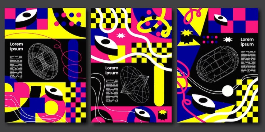 A triptych of abstract art posters with vibrant colors, featuring geometric shapes, lines, and eye motifs. The left and right posters have large eyes as central elements, while the middle poster depicts planetary rings or orbits.