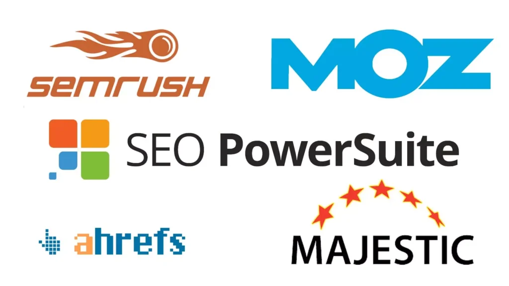 Logos of six different SEO tools: SEMrush, Moz, SEO PowerSuite, ahrefs, and Majestic.