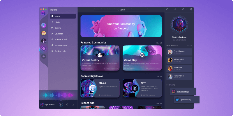 Screenshot of a Discord application interface showcasing various community servers. The interface has a purple and blue color scheme with a left sidebar featuring icons for Home, Explore, and other personalized server shortcuts. 