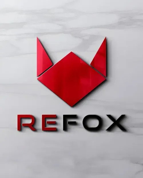 A bold, minimalist logo featuring a stylized red fox head above the capitalized word “REFOX” in black letters