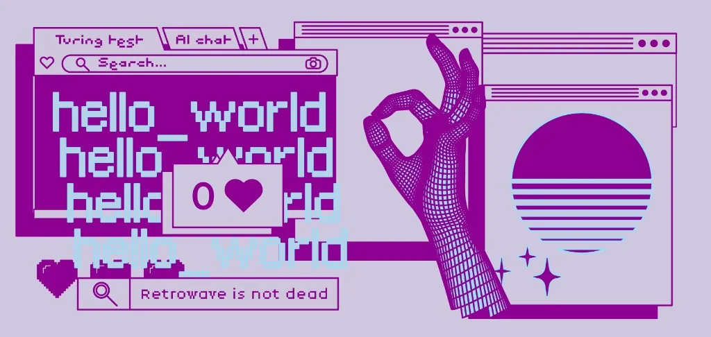 A graphic with a purple and pink color scheme featuring digital and retro elements. It includes a hand with a grid pattern, a web browser window with tabs labeled “Turing test” and “AI chat,” and the text “hello_world” repeated three times.