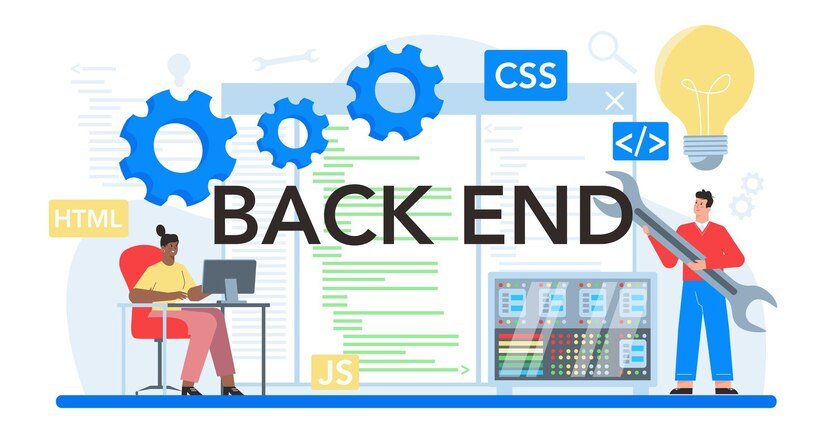 Illustration of BACK END shows a person at a desk with HTML and CSS icons on the left, and another with a wrench and gears on the right, representing coding and maintenance