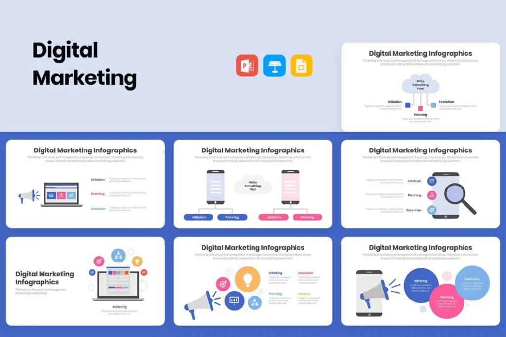 Digital Marketing infographic template with a light blue background. The image features several infographic examples displayed on six cards, each showcasing different digital marketing concepts. These include initiation, planning, and execution phases, illustrated through icons like laptops, smartphones, magnifying glasses, and megaphones. The title 'Digital Marketing' is displayed prominently at the top, along with icons representing software tools for creating these infographics. The design uses a modern, minimalistic style with pastel colors and simple illustrations to explain digital marketing processes visually