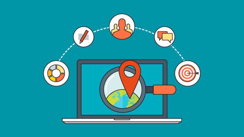 Illustration of a laptop with a magnifying glass over a globe, representing local SEO. Surrounding the laptop are icons for content creation, social interaction, communication, and marketing targets