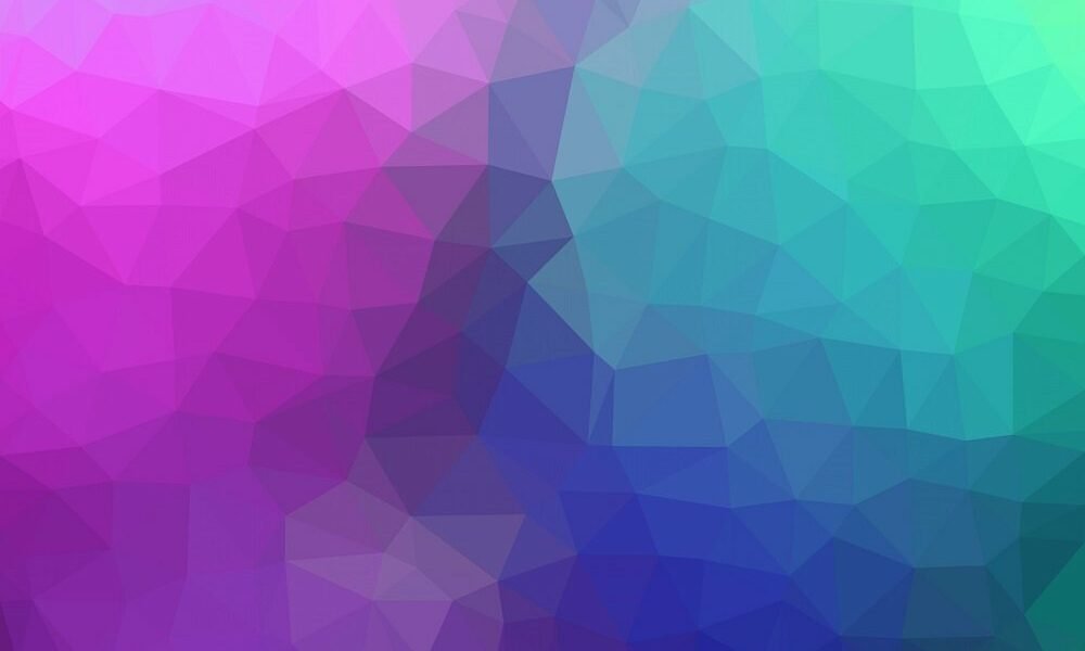 A geometric pattern with polygonal shapes forming a low-poly texture. The gradient transitions from deep purple in the top left corner to shades of blue and sea green in the bottom right corner, creating a vibrant and modern abstract background.