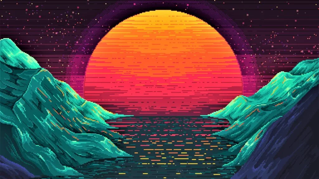 A retro pixel graphic design featuring a vibrant sunset or sunrise with a large, round sun in warm shades of yellow, orange, and pink at the horizon.