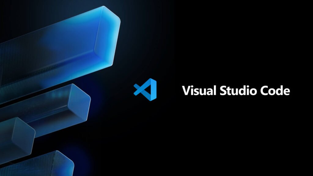 Promotional graphic for Visual Studio Code featuring the logo, a stylized infinity symbol in blue and white, next to the text “Visual Studio Code” in white font on a dark background with abstract blue geometric shapes.