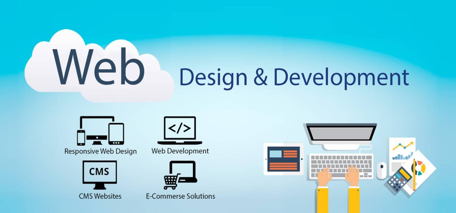 the image showing key aspects of web design and development, including responsive design, CMS, and e-commerce solutions, set against a blue gradient background.
