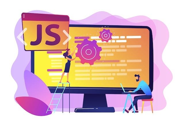 The image shows a large computer monitor displaying code and two visible gears, symbolizing the functionality and mechanics of programming. A person standing on a ladder is adjusting one of the gears, while another individual is sitting at a desk, typing on a laptop, indicating collaboration in coding or web development. The prominent "JS" symbol on the left side highlights that the work being done involves JavaScript. The color scheme is vibrant, with shades of purple, yellow, and pink, emphasizing a dynamic and creative environment for development.