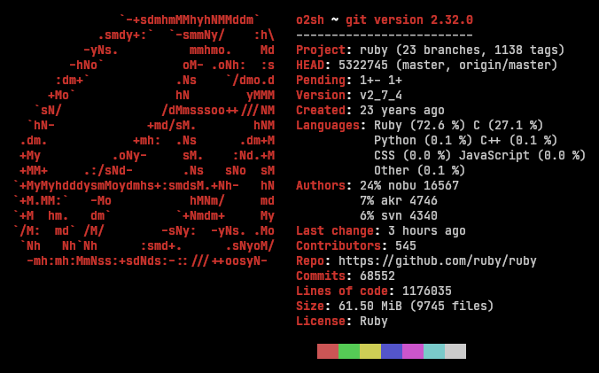 A terminal window showing the status of a Git repository for the Ruby programming language. The output includes information about the repository's name, version, branches, tags, pending changes, creation date, languages used, authors, contributors, commits, lines of code, size, and license.