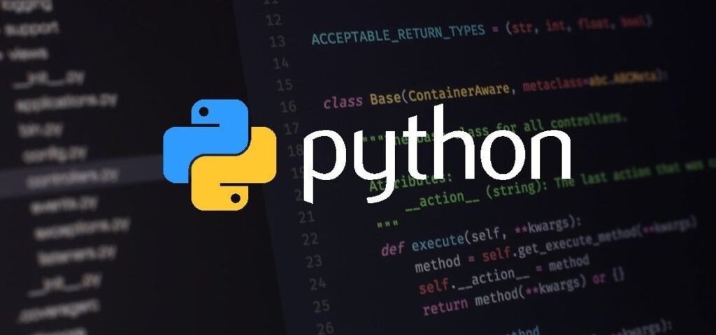 The image shows the Python programming language logo, which consists of two intertwined snake shapes, one blue and the other yellow. In the background, there is a Python code snippet visible on a screen, featuring function definitions and classes. The combination of the Python logo and the code emphasizes the theme of learning and using Python for development tasks.