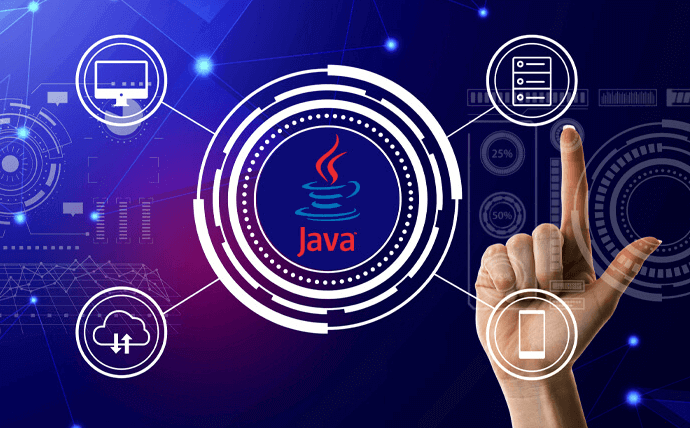 A digital graphic showcasing various technology and interface elements with a central focus on the Java programming language logo, which is encircled by an interactive holographic interface. A human hand is touching one of the virtual buttons, suggesting interaction with the system. The background features abstract representations of network connections, data servers, and computer devices, all set against a deep blue backdrop with binary code elements.