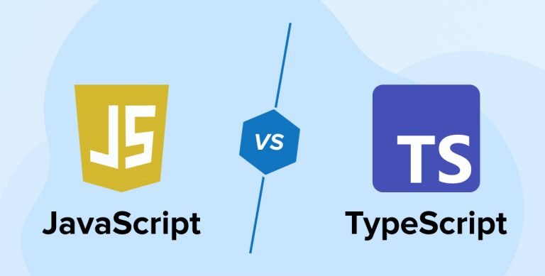 Graphic comparing JavaScript and TypeScript. On the left, a yellow shield logo with ‘JS’ represents JavaScript, and below it, the word ‘JavaScript’ is written. On the right, a blue rectangle with ‘TS’ represents TypeScript, with the word ‘TypeScript’ written below it. In the center, a vertical hexagon shape with lines connecting to both logos, symbolizing a versus or comparison between JavaScript and TypeScript. The background is light blue with white accents.