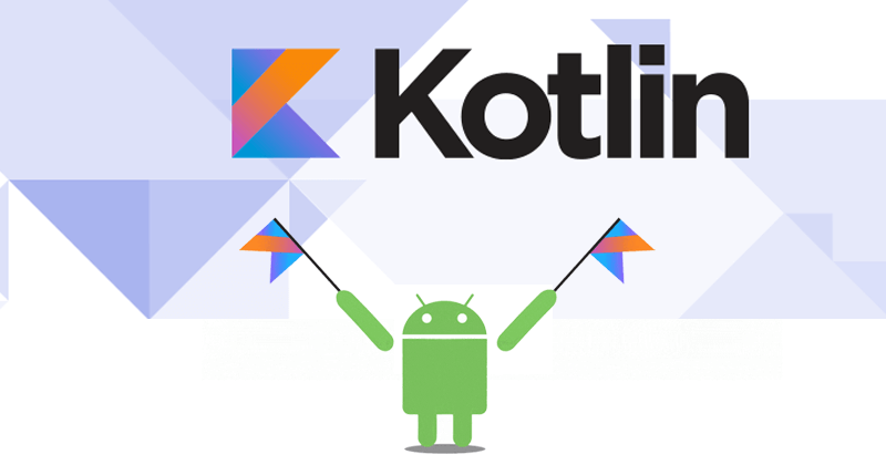 A green Android robot holding two flags, standing in front of the Kotlin logo. The background is a mix of purple and blue geometric shapes.

