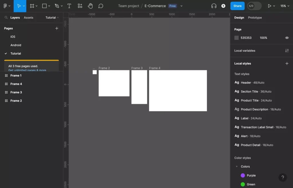 A computer interface of a design software program in dark mode. The main area shows several frames or pages, with two highlighted in the center. The left sidebar has tabs like ‘Pages,’ ‘Assets,’ and ‘Tutorial.’ The right side contains design tools and properties such as ‘Design,’ ‘Prototype,’ ‘Inspect,’ ‘Page,’ ‘Local styles,’ and color variables. Cloud collaboration icons are at the top right corner.