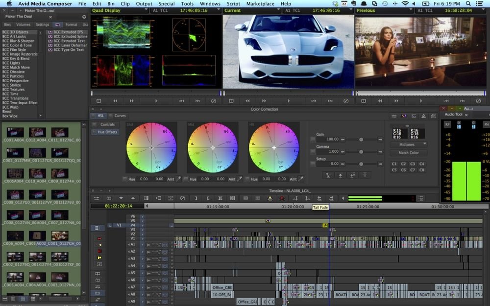 An Avid Media Composer video editing interface showing a timeline with various video clips and effects. The playhead is positioned at 01:12:14. The video preview window displays a scene with a car and a woman. The project name is "The Deal