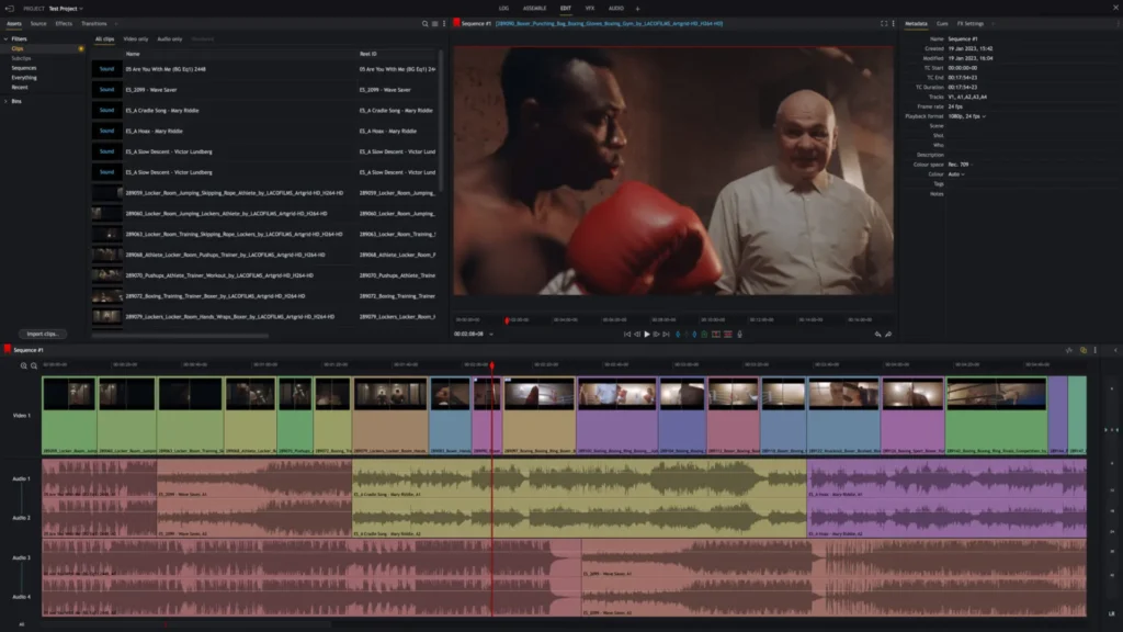 A Lightworks video editing software interface with a timeline displaying multiple video clips, audio tracks, and transitions. The playhead is positioned at 00:00:31:15. The video preview window shows a static image with the text "What will you create?