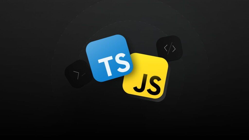 Two overlapping square icons against a dark background. The foreground icon is yellow with ‘JS’ in black, representing JavaScript. The background icon is blue with ‘TS’ in white, representing TypeScript. Dashed lines form an incomplete circle around the icons, suggesting connectivity or interaction between JavaScript and TypeScript.