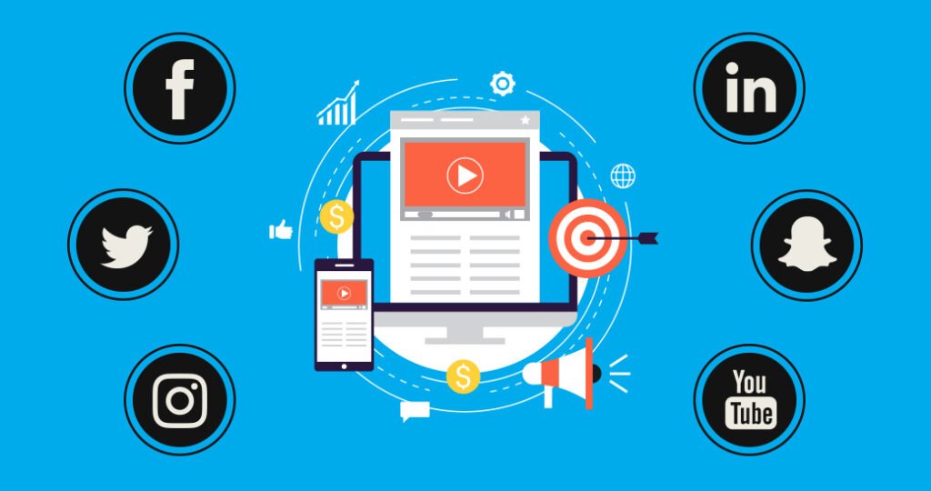 Illustration of video marketing across various social media platforms, including Facebook, Twitter, Instagram, LinkedIn, Snapchat, and YouTube. The central image shows a computer and smartphone with a video player icon, surrounded by symbols representing engagement, financial growth, and digital marketing strategies.