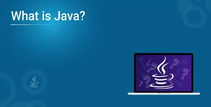 Illustration of a laptop with an open lid on a gradient blue background. The screen displays three steaming coffee cups stacked on top of each other. The text ‘What is Java?’ is prominently displayed at the top