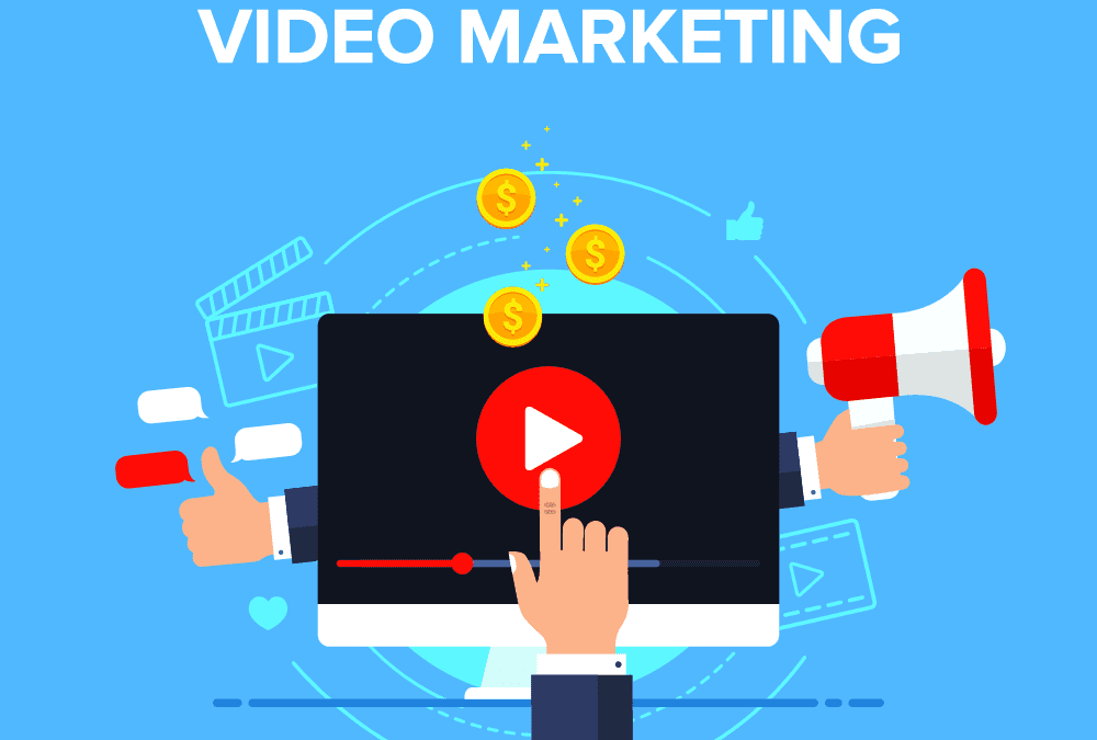 Graphic illustration of video marketing concept with a laptop screen showing a play button, surrounded by icons like a megaphone, money symbols, and social media ‘like’ thumb.