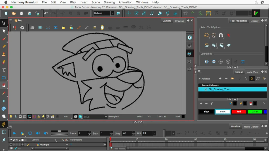 A screenshot of Toon Boom Harmony Premium software in use, displaying an animated sketch of a cartoon character on the main canvas. The interface shows multiple toolbars, including drawing tools, palettes, layers, and animation settings, with the character's face as the focal point of the project.