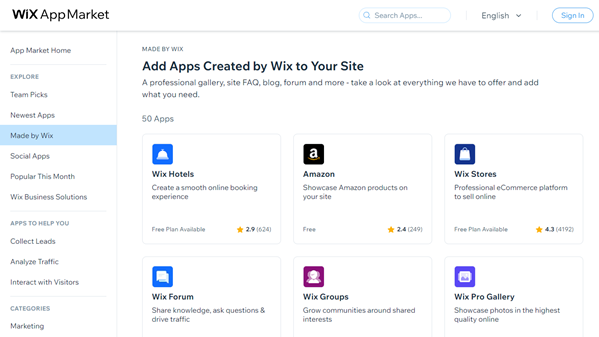 Wix App Market homepage showing various apps for integration with Wix websites, including Wix Hotels, Amazon, and Wix Stores. Each app has a rating and number of reviews. The interface is clean with a white background and navigation options on the left