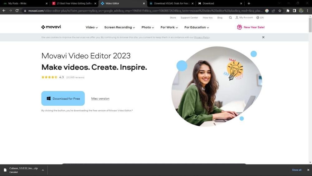 Movavi Video Editor 2023 webpage showing a download option with the tagline 'Make videos. Create. Inspire.' A young woman is smiling while working on a laptop, with an illustration of a light bulb representing creativity next to her. The page features a blue 'Download for Free' button and options for Mac users