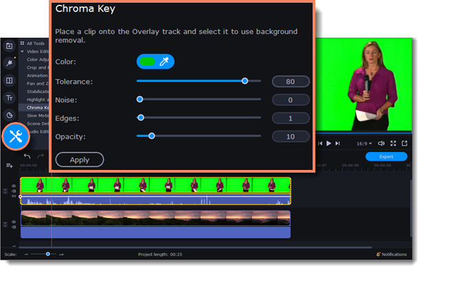 A screenshot of a video editing software interface featuring the chroma key tool. The tool settings show sliders for color, tolerance, edges, and opacity. A small preview window displays a person in front of a green screen with the green areas made transparent. Below the preview window is a timeline with multiple video clips arranged sequentially.