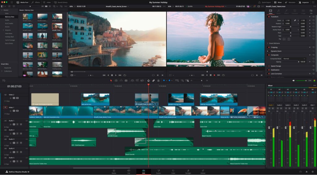 A video editing software interface displaying multiple video and audio tracks, including clips of a coastal town and a woman overlooking the ocean. The workspace shows the media pool, timeline, video previews, and sound mixer panels.