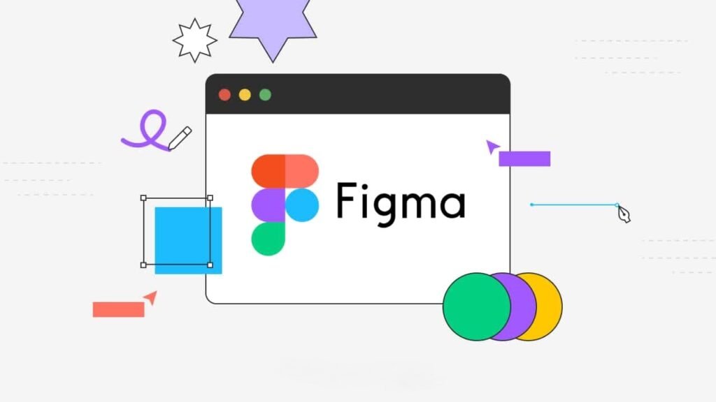 The image shows the Figma logo in the center of a browser window graphic, with the Figma icon featuring colorful shapes in red, purple, blue, and green to the left of the word "Figma" in black text. Surrounding the window are various design elements, including stars, geometric shapes, a pencil, and arrows, symbolizing creativity and design flexibility. The background is light gray, and the design elements are in vibrant colors, emphasizing Figma's role as a collaborative design tool.