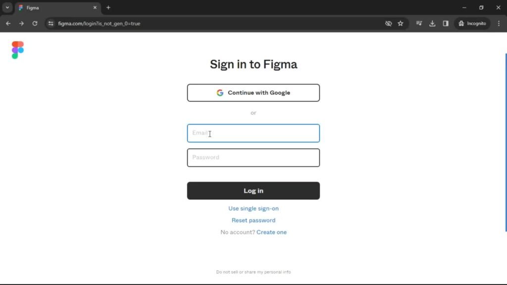 A screenshot of the login page for Figma, a collaborative interface design tool. The page features a ‘Sign in to Figma’ header with options to ‘Continue with Google’ or enter an email and password. Below are buttons for ‘Log in,’ ‘Use single sign-on,’ ‘Reset password,’ and a link to ‘Create one’ account. The Figma logo is at the top left corner