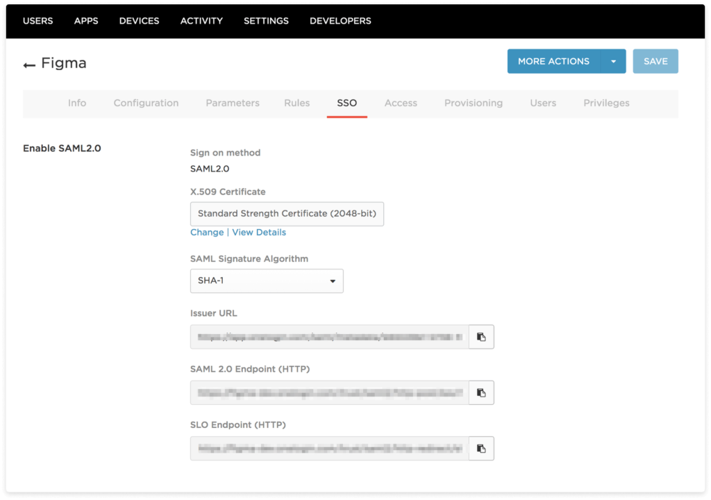 A screenshot of the Single Sign-On (SSO) settings page in Figma. The interface includes options to enable SAML 2.0, with fields for X.509 Certificate, Issuer URL, SAML 2.0 Endpoint (HTTP), and SLO Endpoint (HTTP). Dropdown menus for changing the Signature Algorithm are also visible, along with ‘More Actions’ and ‘Save’ buttons at the top right corner.