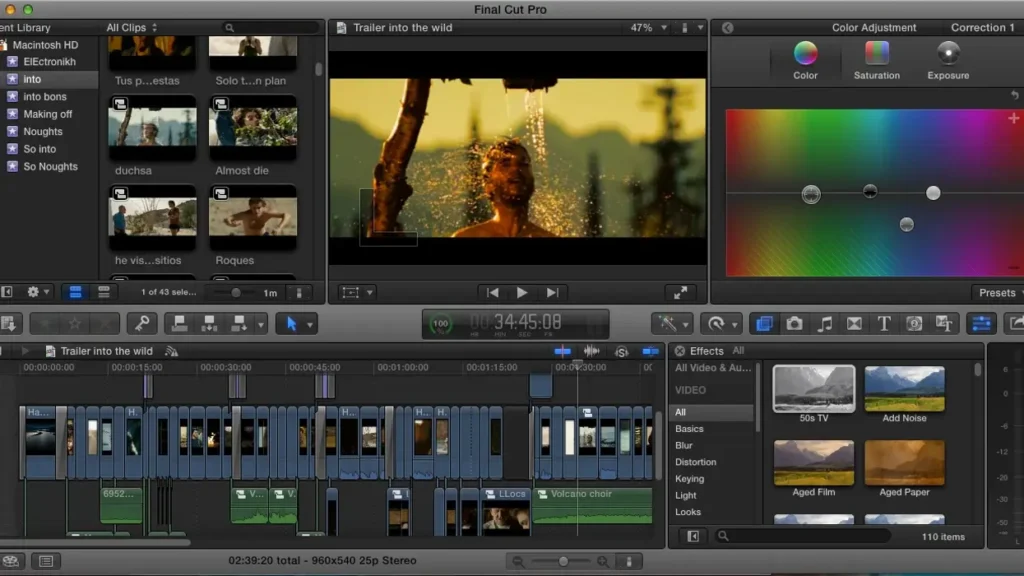 A Final Cut Pro video editing interface showing a timeline with various video clips and effects. The playhead is positioned at 00:34:45:08. The video preview window displays a scene from a movie with a man being showered. The project name is "Trailer into the wild."