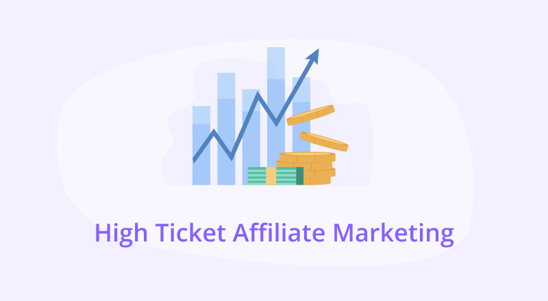 A digital illustration featuring a bar graph with rising trends, a line graph with an upward arrow, stacks of coins, and a pile of banknotes, all set against a light purple background. Below the graphics is the text “High Ticket Affiliate Marketing.