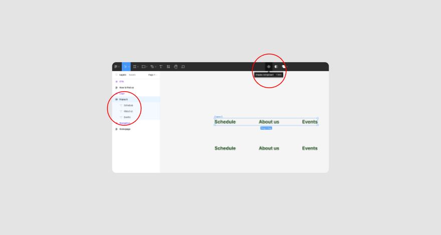 A screenshot of a web browser displaying a simple website interface. The website has a navigation bar at the top with links labeled ‘Schedule,’ ‘About us,’ and ‘Events.’ Below the navigation bar, the same links are repeated as plain text. Two elements are circled in red: a ‘hamburger’ menu icon in the upper left corner and a profile icon in the upper right corner