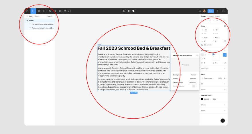 A screenshot of a computer interface with multiple windows open. The main focus is on a document titled ‘Fall 2023 Schrood Bed & Breakfast,’ detailing reservations and amenities. Three red circles highlight the back button, some tabs, and a calendar icon with a ‘31’ notification badge