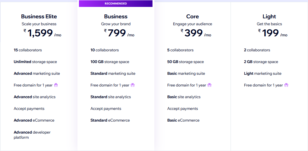 A table comparing four business service plans with varying features and monthly prices: Business Elite at $1,599/mo, Recommended Business at $799/mo highlighted as recommended, Core at $399/mo, and Light at $199/mo. Each plan lists offerings like storage space ranging from 2 TB to unlimited, marketing suites from light to advanced level, free domain for 1 year indicated by a gift icon, payment systems from basic to advanced level e-commerce support, and access to developer platforms