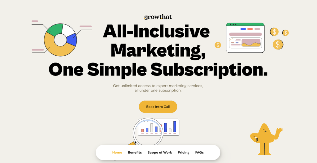 This image showcases the homepage of the GrowThat website. The design is clean and modern, with a focus on simplicity and accessibility. The main headline, "All-Inclusive Marketing, One Simple Subscription," is prominently displayed, followed by a brief explanation of the service. The page is divided into sections, each with its own visually distinct element, such as a pie chart, a magnifying glass, and a friendly cartoon character. The overall impression is one of a user-friendly platform that offers comprehensive marketing solutions.