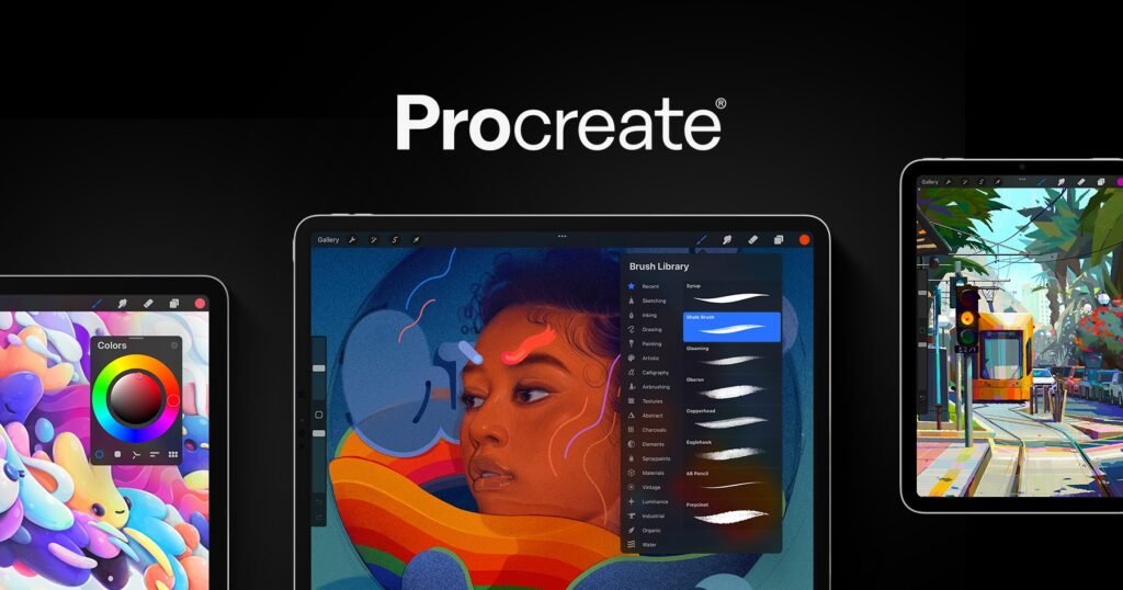 A promotional image for Procreate, showcasing the digital art app on three iPad screens. The central iPad features a detailed portrait drawing with the brush library open, while the side iPads display colorful illustrations, highlighting Procreate's versatility in digital art creation. The Procreate logo is prominently displayed at the top.