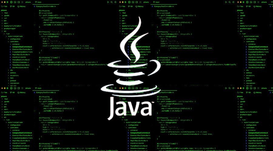 The Java logo, a white cup of coffee with steam, is centered on a black background with lines of green code surrounding it. The code appears to be Java code, with keywords like "public" and "class" visible.