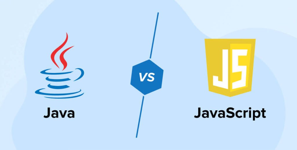 A visual comparison between Java and JavaScript, featuring a red coffee cup for Java on the left and a yellow shield with “JS” for JavaScript on the right, separated by a hexagon with arrows pointing towards each logo, symbolizing a versus scenario. The background is blue with white abstract shapes