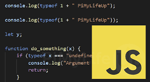 Screenshot of a code editor with a dark background displaying JavaScript code. The code includes console.log statements, a variable declaration, and a function definition using the typeof operator. On the right side, there is a large yellow square with ‘JS’ in black, representing JavaScript