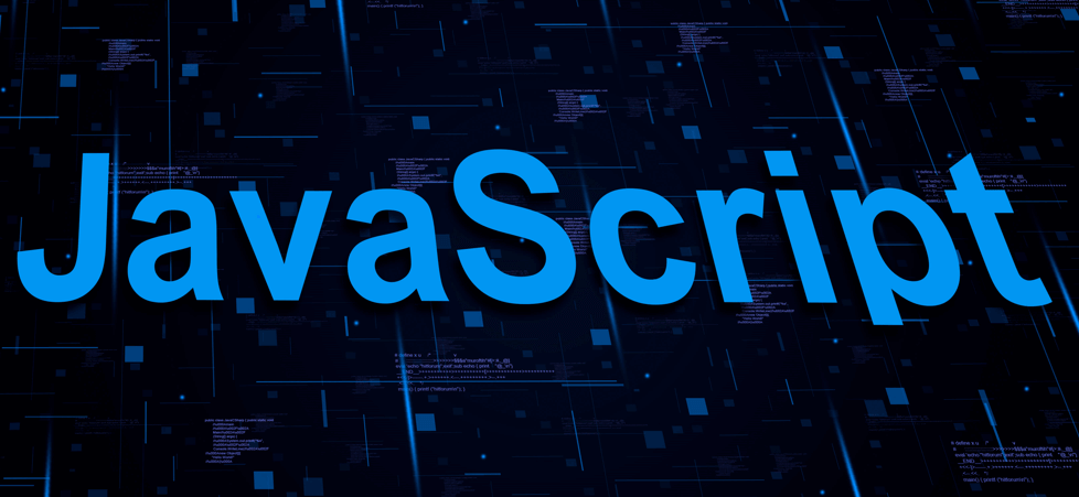 A blue, 3D-rendered text "JavaScript" surrounded by a background of blue lines and code-like symbols, suggesting a digital or technological context.